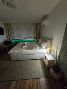 a bedroom with a bed with a green light at Studio apartman Tara in Kutina