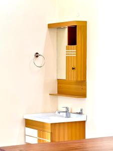 a bathroom with a sink and a mirror at Sunshine Holidays in Varkala
