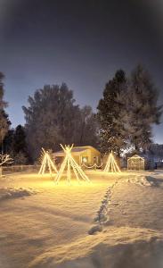 a snow covered field with footprints in the snow at Villa It's Arctic Magic! in Rovaniemi