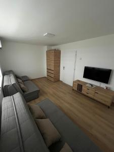 a living room with a couch and a flat screen tv at Stan na dan Žabac in Vlasenica