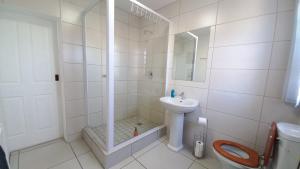 a bathroom with a shower and a sink and a toilet at Come Home in Oudtshoorn Self-Catering Units in Oudtshoorn +35 photos