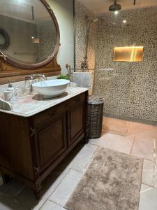 a bathroom with a sink and a large mirror at maison Clavita in Genk