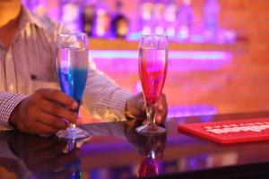 dos personas sosteniendo copas de vino en un bar en Hotel Kamla Palace, en Dehradun