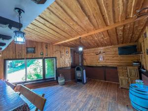 a large living room with wooden walls and a wooden ceiling at Pensiunea Padina in Bran