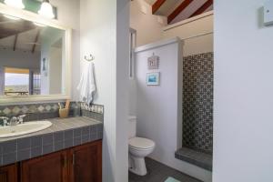 a bathroom with a sink toilet and a mirror at La Caye - Ocean View Villa in Calibishie +23 photos