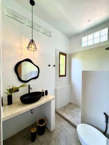 a bathroom with a sink and a mirror at Casa De Made - Villas in Jembrana