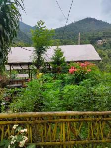 a wooden bench in a garden with flowers at Aurora Farmstay in Rongli +12 photos