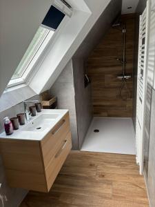 a bathroom with a sink and a shower in a attic at Wurmbergblick Ferienwohnung in Braunlage