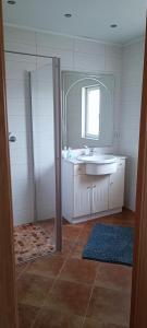 a bathroom with a sink and a mirror at Gästehaus Müller in Hohenleipisch +12 photos