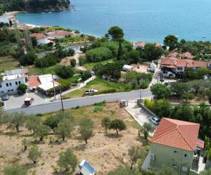 an aerial view of a town next to the ocean at Villa Bloom in Achladies
