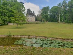 a pond with lily pads in front of a house at Château de MontSablé in Lezoux