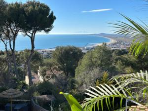 a view of the ocean from a hill with trees at le lodge Saint Clair in Sète