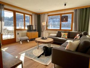a living room with a dog laying on the floor at Whiteberg Apartment in Schruns