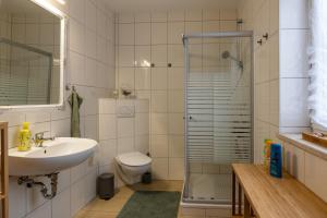 a bathroom with a sink and a toilet and a shower at Ferienwohnung Naturnah Ebermannstadt in Ebermannstadt +44 photos