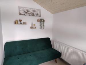 a green couch in a white room with pictures on the wall at Casuta din Livada 3 in Drăganu-Olteni