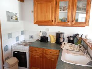a small kitchen with a stove and a sink at La Maisonnette - animaux acceptés, parking privé, jardin plein sud in Wissant