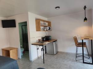 a small kitchen with a sink and a microwave at Dormis del Sol in Caseros
