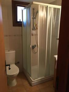 a bathroom with a toilet and a glass shower at Arsos Village Apartment in Arsos