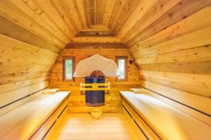 an inside view of a wooden cabin with benches at Bed and Breakfast De Haen - Privé-appartementen van 43 of 60 m2 met tweepersoons bubbelbad - Finse sauna - in westvleugel van luxe villa in Oss +27 photos