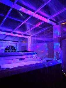 a room with a bed with blue and purple lights at Entre Bourges et Sancerre Escale Bien-Être in Les Aix-dʼAngillon