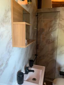 a bathroom with a sink and a shower at L a N e g r a in Barra de Portezuelo
