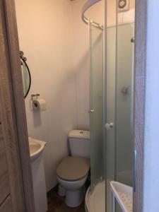 a small bathroom with a toilet and a glass shower at Kwatery Mamma Mia Opawska 1a in Krzanowice