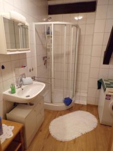 a bathroom with a shower and a sink at Ferienwohnung Hummel in Aurich +7 photos