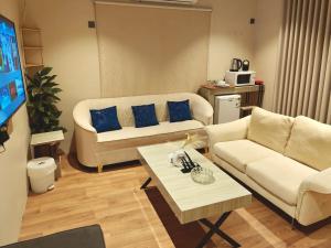 a living room with two couches and a coffee table at NOVA Homes in Medina