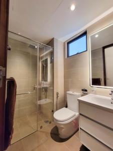 a bathroom with a toilet and a shower and a sink at Sea view Apartmen in Trizen in Colombo +14 photos