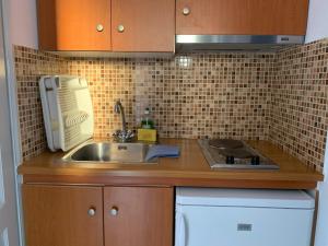 a kitchen with a sink and a microwave at Melissa Rooms in Koufonisia +80 photos