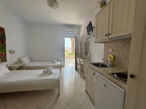 a kitchen with a bed and a sink in a room at Melissa Chora in Koufonisia
