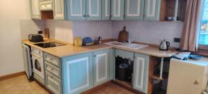a kitchen with blue cabinets and a sink at La Dimora della Quiete in Valdidentro