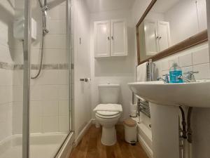 a bathroom with a toilet and a sink and a shower at Warfield Charming Three Bedroom House in Warfield +25 photos