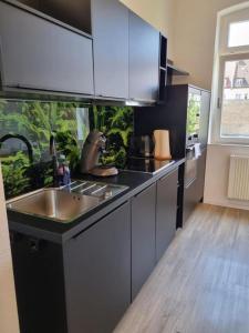 a kitchen with a sink and a fish tank at Süße Marie 11 in Karlsruhe