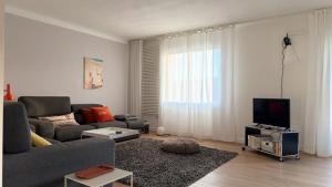 a living room with a couch and a television at See- & Bergblick Millstatt in Millstatt