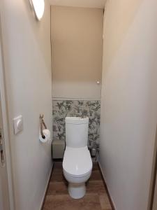 a small bathroom with a white toilet in it at Gîte L'alcôve in Issendolus +2 photos