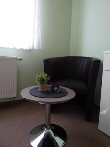 a table with a plant on top of it next to a couch at Wohlfühl Hotel & Pension am Birnengarten - Ruhige Zimmer mit Bad & WLAN in Magdeburg