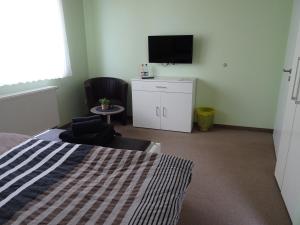 a bedroom with a bed and a flat screen tv at Wohlfühl Hotel & Pension am Birnengarten - Ruhige Zimmer mit Bad & WLAN in Magdeburg