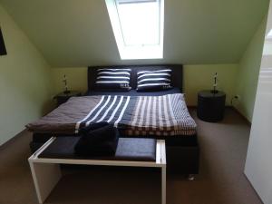 a bedroom with a large bed with a window at Wohlfühl Hotel & Pension am Birnengarten - Ruhige Zimmer mit Bad & WLAN in Magdeburg