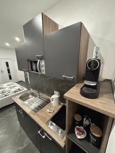 a small kitchen with a sink and a microwave at Privates Studio mit Parkplatz NAC in Euskirchen +29 photos