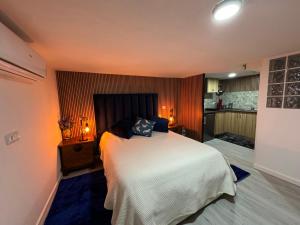 a bedroom with a large bed and a kitchen at Sofiamarholidays O Cantinho da Avó Bina in Moita +72 photos
