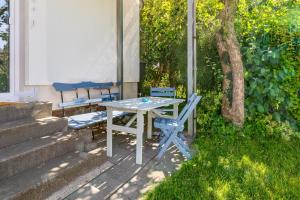 ein Picknicktisch und zwei blaue Stühle in einem Garten in der Unterkunft Ferienhaus Andersson in Klütz
