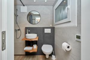 a bathroom with a toilet and a sink and a mirror at Horn sien Hus in Simonsberg