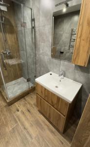 a bathroom with a sink and a shower at Sunset apart in Kremenetsʼ +3 photos