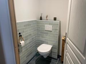 a bathroom with a toilet in a gray tiled wall at L annexe chambre indépendante avec entrée privée in Fouras