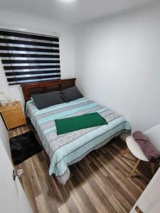 a bedroom with a bed and a chair and a window at Cabaña Rayantu Antuco in Antuco
