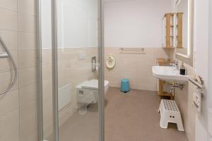 a bathroom with a shower and a toilet and a sink at Haus Waldidyll, Vergissmeinnicht - Bade- & Saunawelt täglich inklusive in Ostseebad Sellin +30 photos