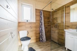 a bathroom with a toilet and a shower at Orawska Sielanka in Roztoki +34 photos