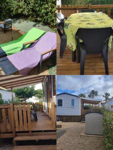 a collage of four pictures of a bed and a table at Olivier 64 in Valras-Plage