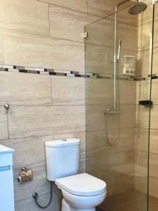 a bathroom with a toilet and a glass shower at Palm Oasis Bonaire in Kralendijk
